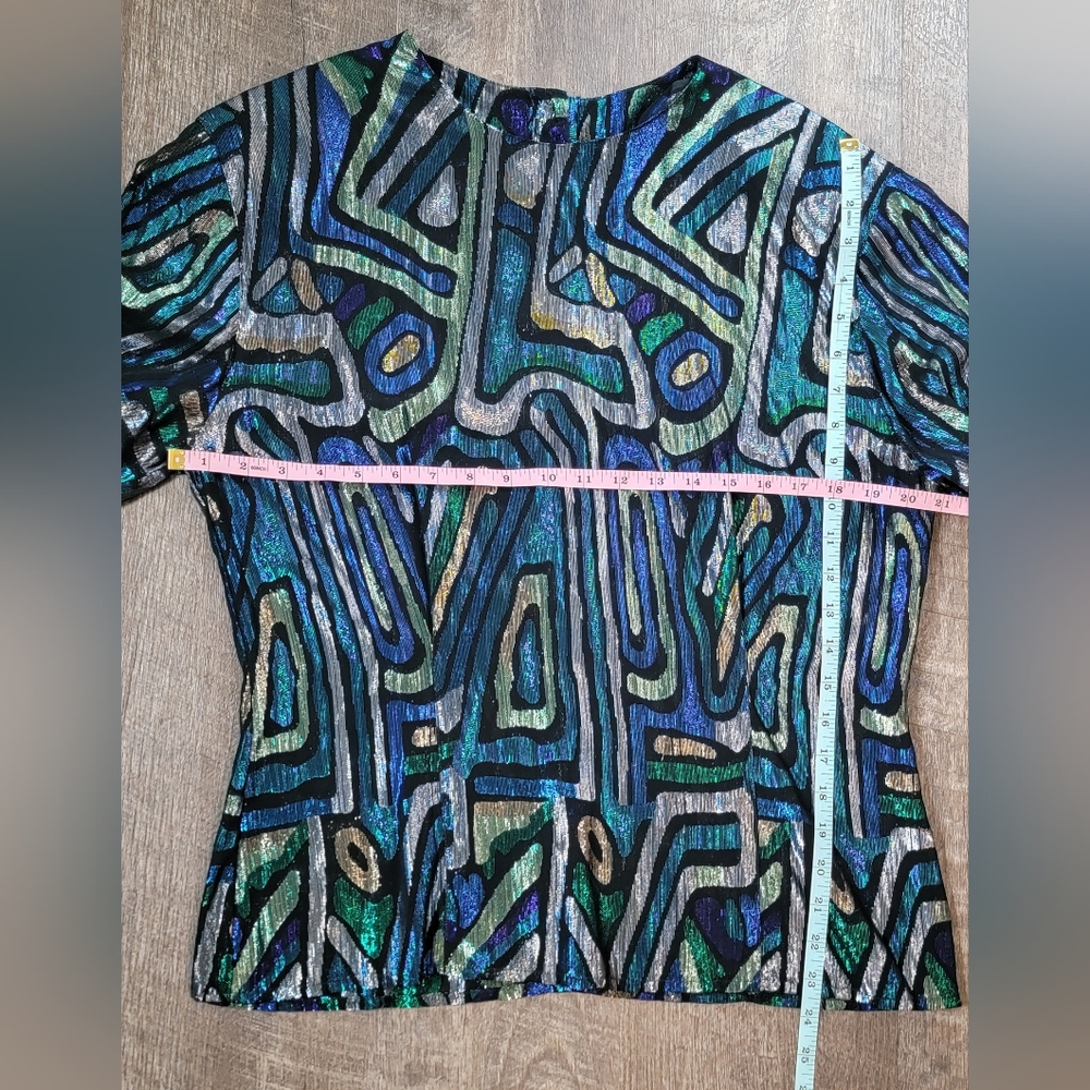 Christian Dior 80s Vintg Semi Sheer Blouse Womens 14 Black Multi Metallic Retro - Picture 10 of 13